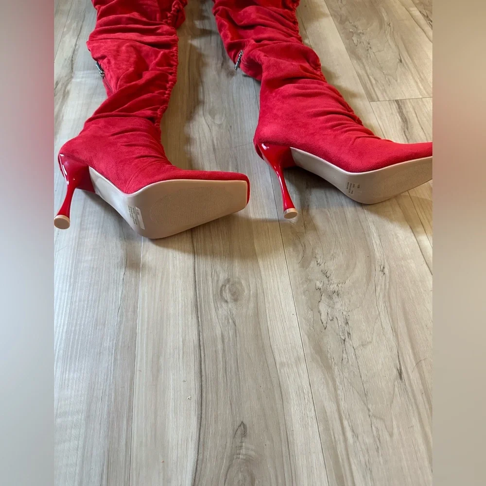 Cape Robbin Red Ruched Over-the-Knee Stiletto Boots.     Brand New